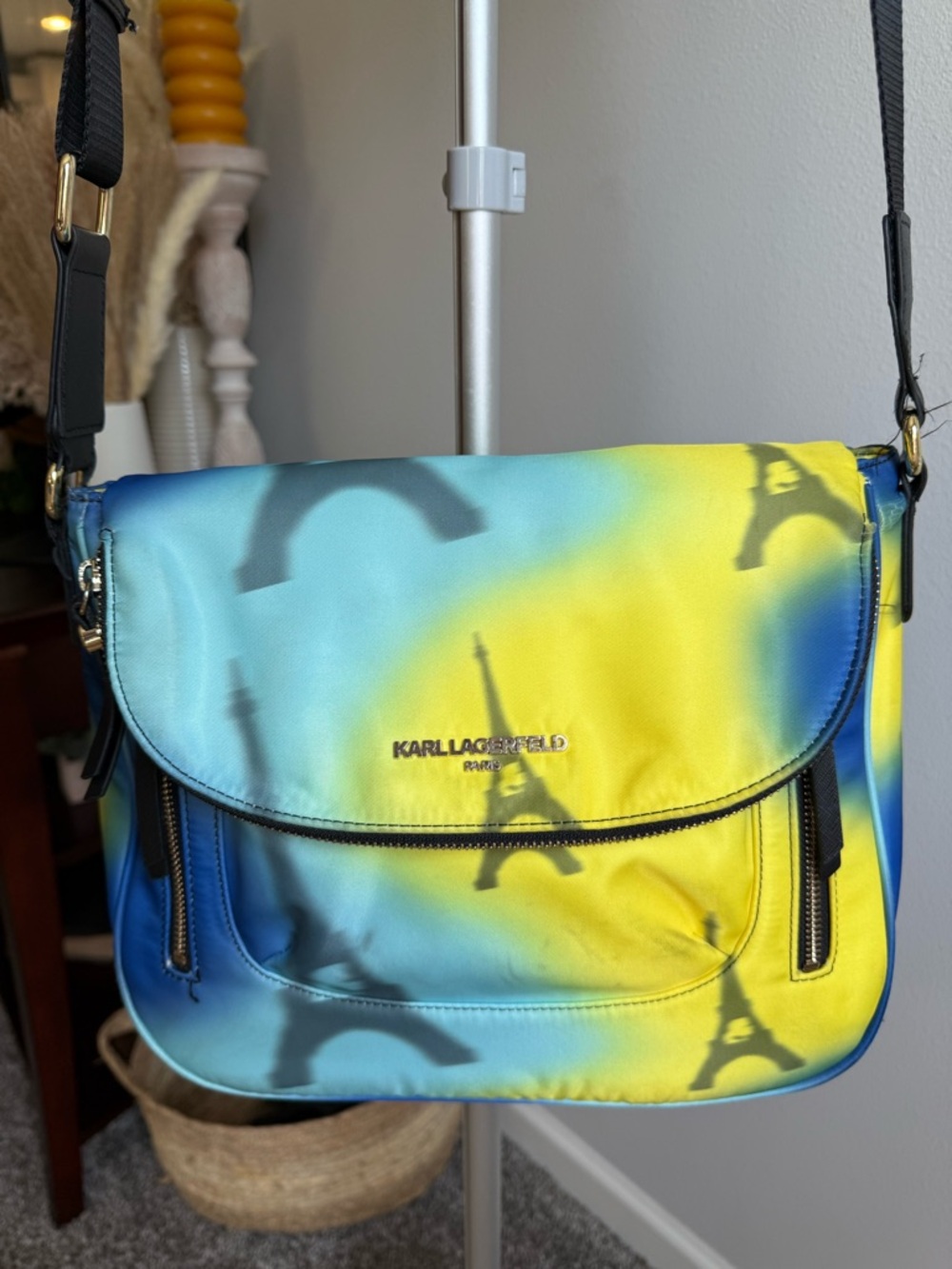 Karl Lagerfeld Paris Cara nylon Blue & Yellow Gradient Eiffel Crossbody‎ Bag